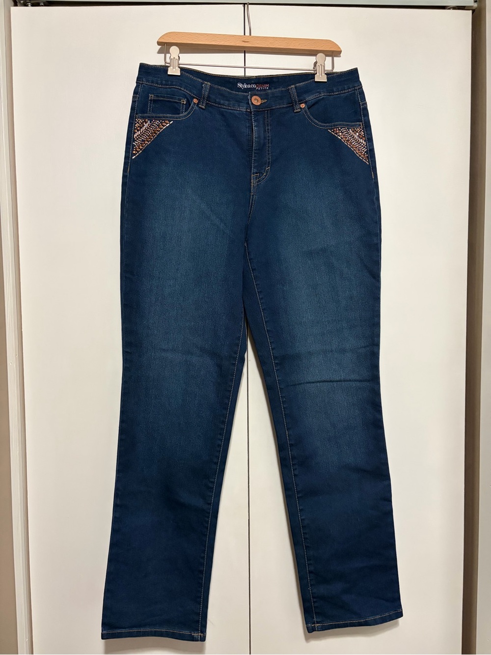 Y2K Dark Blue Women’s Jeans with Rose Gold Beads